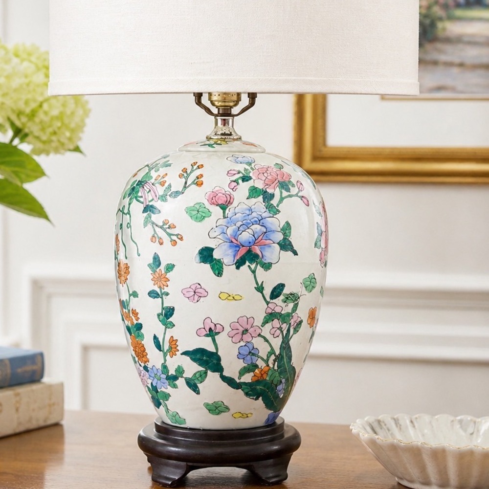 Vintage Hand Painted Floral Ginger Jar Table Lamp Chinoiserie Ceramic White